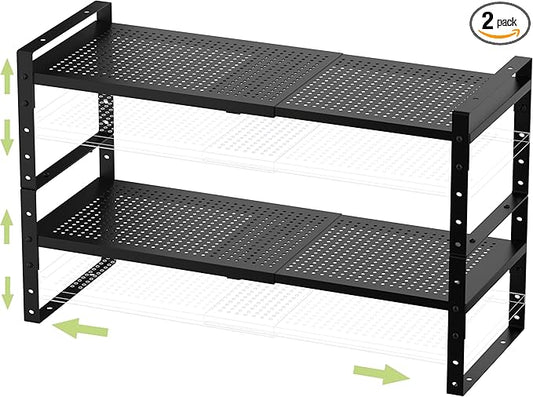 Expandable Stackable Aadjustable Shoe Rack Pantry Shelf for Kitchen Cabinets Counter Shelves Countertop Cupboard Storage Solution,Sturdy Heavy-Duty Metal Construction(2Packs/Black/Medium)-NeatNest