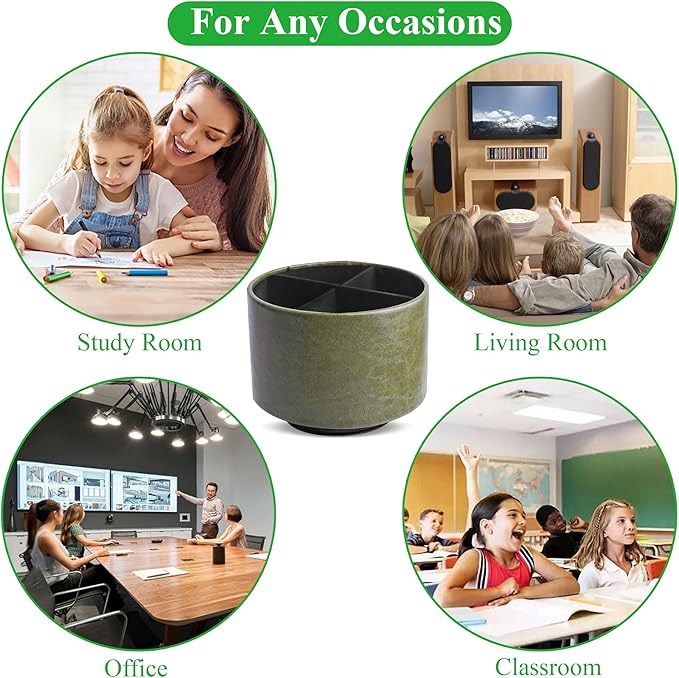 Hennaja Round Leather Art Supply Organizer,Remote Control Holder,360 Degree Spinning,Multi-Functional Pencil Holder,4 Compartments Desktop Stationary Organizer(1-Oil Green)-NeatNest