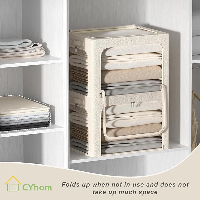3 Openings Clothes Storage Bins Box - 3Pack Stackable Foldable Storage Bin - Metal Frame Storage Box Clothing Storage Organizer with Clear Window, Carry Handles (66L-19.7x15.7x13in, Beige)-NeatNest