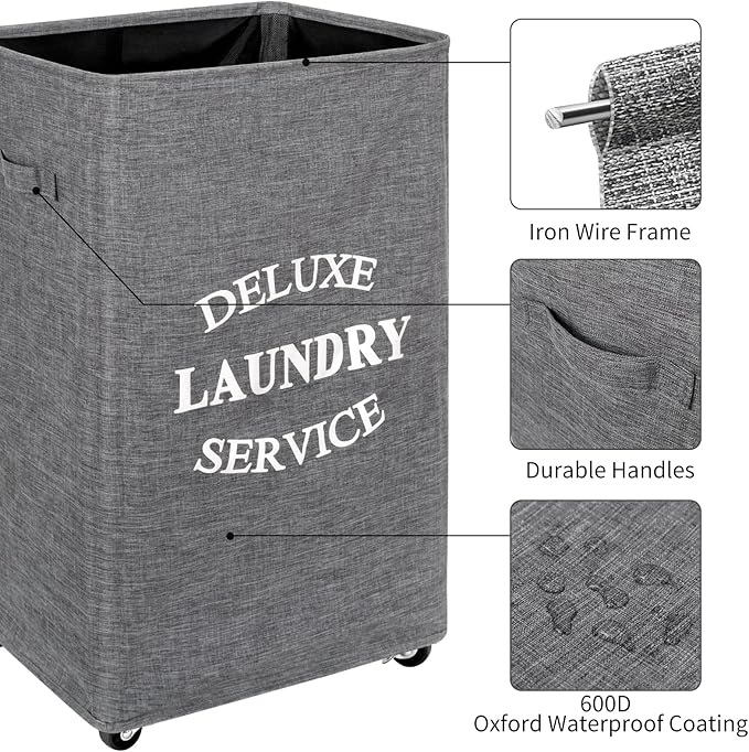 WOWLIVE Large Rolling Laundry Basket Wheels 90L Collapsible Tall Laundry Hamper Handle Foldable Dirty Clothing Basket Fold up Rectangular Hampers for Laundry Dorm Room (Grey2)