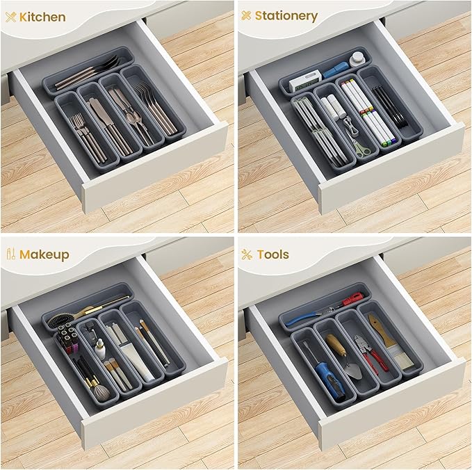 5 Pack Silicone Drawer Organizer for Kitchen, DIY Free Combination Silverware Organizer, Utensil Drawer Organizer, Moisture-proof and Heat-resistant up to 200°C, Anti-slip and Environmentally (Grey)-NeatNest