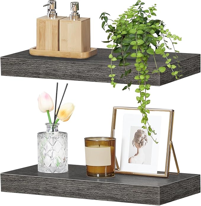 HOOBRO Floating Shelves for Wall, Wall Mounted Shelf Set of 2, 15.7" Hanging Shelf with Invisible Brackets, for Wall in Bathroom, Bedroom, Toilet, Kitchen, Living Room, Office, Charcoal Gray BC40BJ01-NeatNest