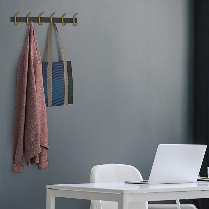 Coat Rack Wall Mount – Black and Gold Hook Rail with 6 Double Coat Hooks, 17 Inch Stainless Steel Wall Hooks for Entryway, Bathroom, Bedroom, Closet, Towel, Hat, Bag, Heavy Duty Organizer - 2 Pack-NeatNest