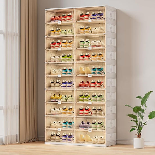 JEKO&JEKO 10 Tiers Foldable Shoe Rack Organizer Cabinet for Closet Entryway, Large Collapsible Shoe Storage Box with Magnetic Doors Fits Up to 40 Pairs (White)-NeatNest