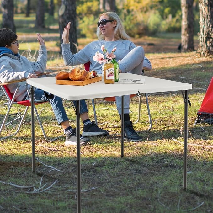 Goplus 34" Square Folding Card Table, Portable with Handle, White Indoor Outdoor Utility Table for Picnic, Party, Dining, Camping, BBQ-NeatNest