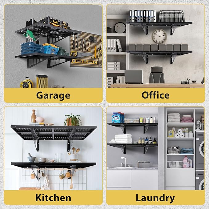 2-Pack Garage Storage Racks, 24" W x 36" L 560 lbs Capacity Steel Shelving Unit with 4 Hooks & Reinforced Edges, Black, Space-Saving Garage Shelves for Home, Warehouse-NeatNest