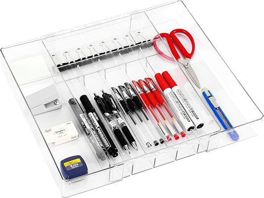 IEEK Silverware Drawer Organizer Tray for Kitchen,Expandable Utensil Tray Multipurpose Drawer Dividers Adjustable Cutlery and Flatware Holder,Plastic Spoon Forks Knives Holder Storage Divider,Clear-M-NeatNest
