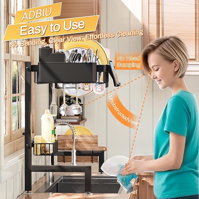 ADBIU Over The Sink Dish Drying Rack (Expandable Height and Length，22.6" - 35.5" L) Snap-On Design 2 Tier Large Dish Rack