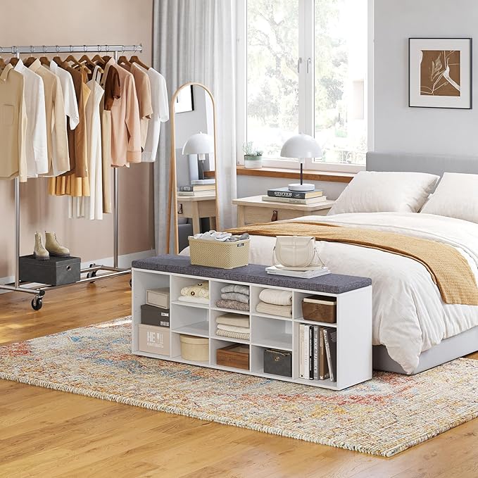 DINZI LVJ Shoe Storage Bench with Cushion, 15-Cubby Shoe Rack, Adjustable Shelves, Long Shoe Organizer Bench for Entryway, Mudroom, Hallway, Living Room, Bedroom and Garage, White-NeatNest