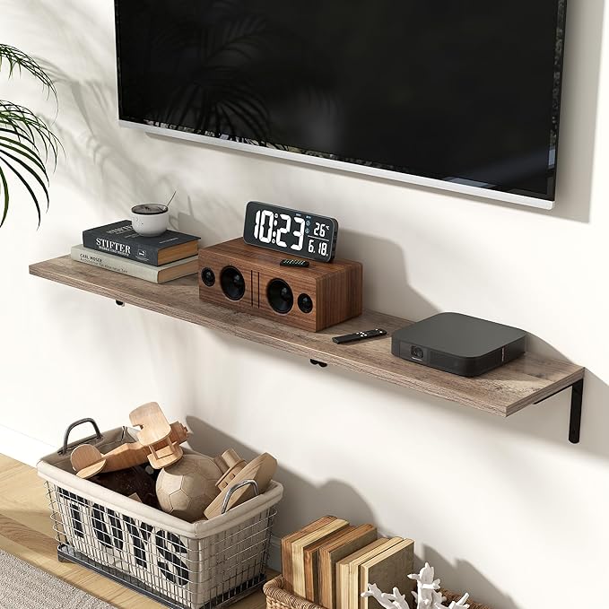 Fun Memories Deep Floating Shelves, 24W x 8D Floating Shelves Set of 2, Wall Mounted Shelf with Metal Brackets, Rustic Wood Wall Shelf for Bathroom, Kitchen and Living Room, Grey-NeatNest