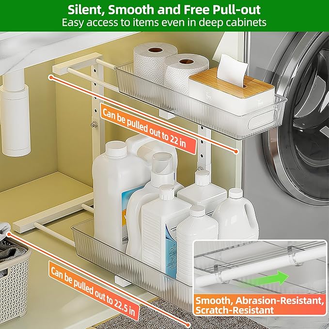 2 Pack Under Sink Organizer, Pull Out Cabinet Organizer 2 Tier Slide Out, Under Sink Organizers and Storage Height Adjustable for Kitchen Bathroom Cabinet, Metal-NeatNest