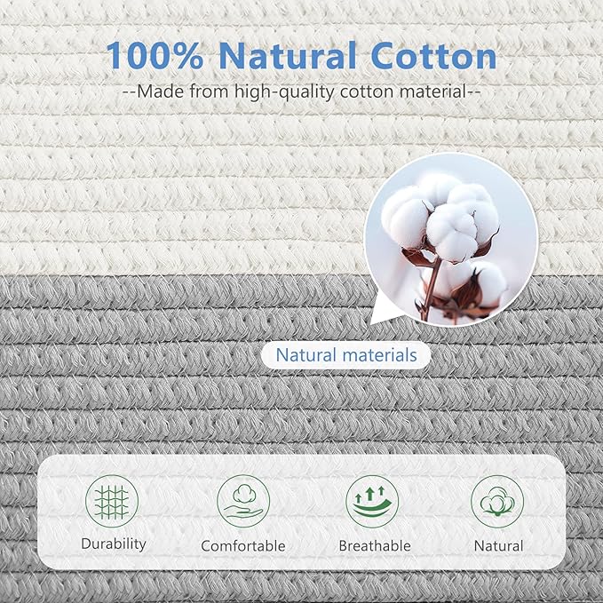 Cotton Rope Storage Baskets,15x10x9 in,Collapsible Storage Bins, Decorative Woven Basket Cube Storage Organizer for Laundry, Towel, Clothes (White/Grey-3Pack, 15x10x9 inches)-NeatNest