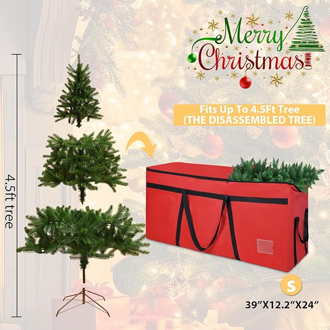 4.5 ft Christmas Tree Storage Bag, Heavy Duty Christmas Tree Bag with Reinforced Handles and Dual Zippers Wide Opening, Large Capacity fits for Artificial Christmas Tree (Red, 4.5 ft)-NeatNest