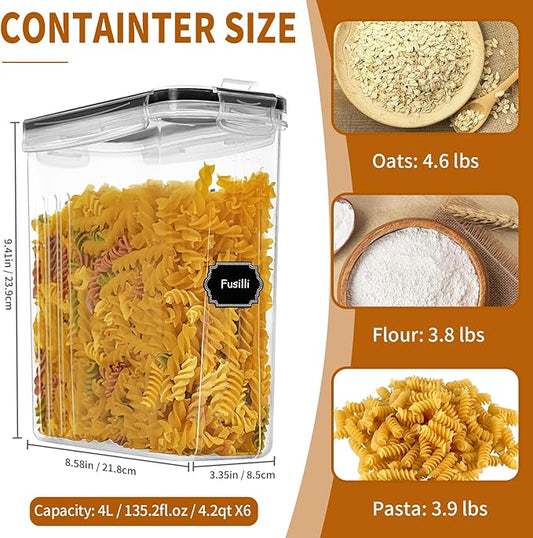 Cereal Containers Storage Set (4L / 135.2oz), 6PCS Airtight Food Storage Containers with Lids, Cereal Dispensers for kitchen Pantry Organizers and Storage with Pour Spout, 20 Labels, Marker-NeatNest