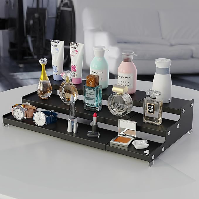 Expandable Spice Rack Storage organizer with 3-Tier step shelf for cabinet,seasoning racks organizion.Great for Kitchen countertop shelves,Pantry and more (1pack/Black)-NeatNest
