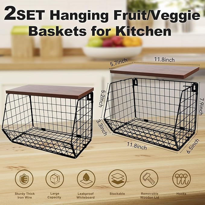 2-Pack Hanging Fruit Basket for Kitchen, Wall Mounted Metal Wire Storage Bins w/Wood Lid, Banana Hook, Stackable Vegetable Organiser for Countertop Pantry Produce Fruits Onion and Potato