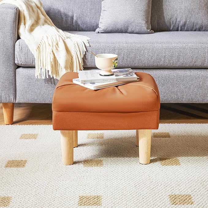 YMYNY Small Footstool Ottoman, Faux Leather Footrest with Sponge Padded Seat, Step Stool for Sofa, Bedroom, Living Room, Entryway, Modern Change Shoes Stool 15.75"D × 11.42"W×12.6"H Orange UHBD040J
