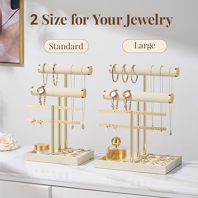 3 Tier Bracelet Holder Display - Detachable T Bar Beige Velvet Bracelet Holder, Jewelry Holder Organizer for Bracelet, Necklace, Earrings, Rings