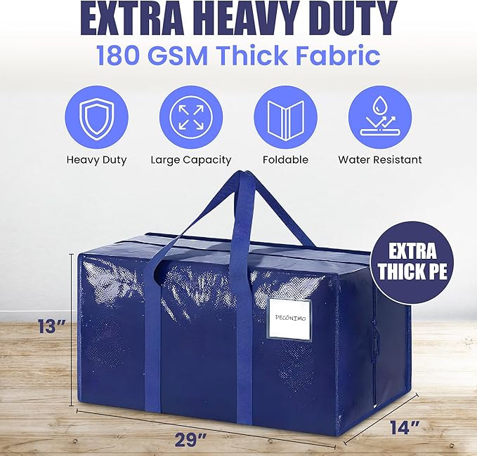 Extra Heavy Duty Large Moving Bags with Strong Zipper & Comfortable Handles - Sturdy & Durable Clothes Storage Bags Totes Bins - Large Storage Totes for Dorm, Space Saving 6 Packs (Dark Blue)