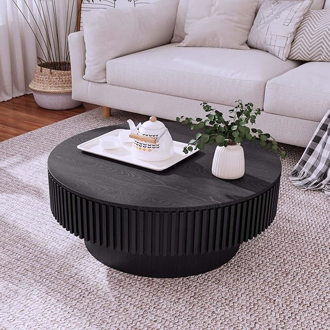 31.5'' Black Round Coffee Table with Storage Living Room Modern Circle Coffee Table with Pedestal Center Tables Fluted Accent Tea Tables for Apartment