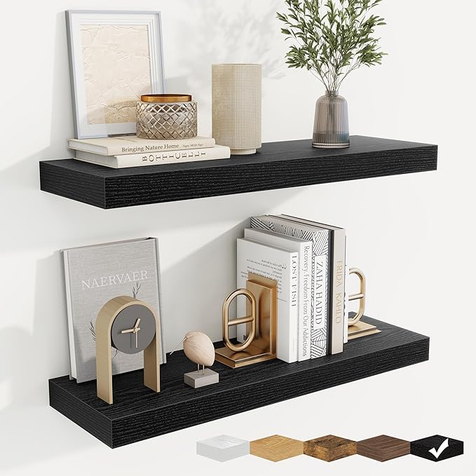 fuqing Floating Shelves for Wall, Bathroom Shelf Wall Mounted for Storage, Shelves with Invisible Bracket for Bedroom, Kitchen, Living Room, Farmhouse Small Book Shelf, 24 Inch Set of 2, Black-NeatNest
