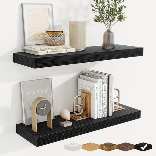 fuqing Floating Shelves for Wall, Bathroom Shelf Wall Mounted for Storage, Shelves with Invisible Bracket for Bedroom, Kitchen, Living Room, Farmhouse Small Book Shelf, 24 Inch Set of 2, Black-NeatNest