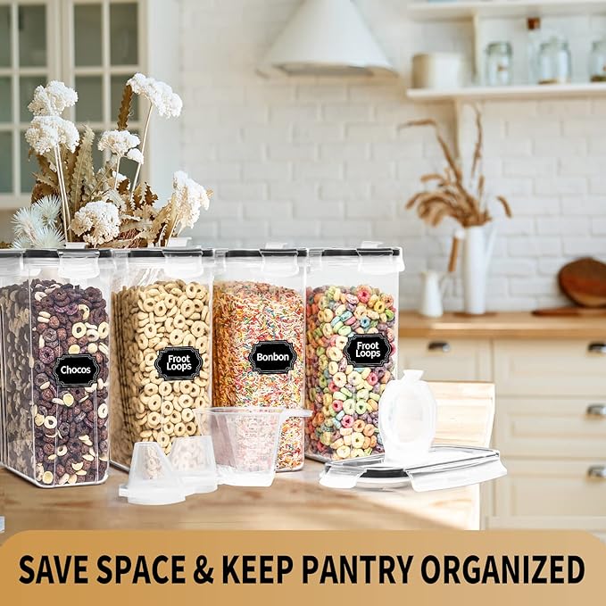 PRAKI Cereal Containers Storage Set (4L,135.2 Oz), 4PCS Airtight Food Storage Containers with Pour Spout for Kitchen & Pantry Organization Cereal Dispensers with 20 labels, Measuring Cup & Marker-NeatNest