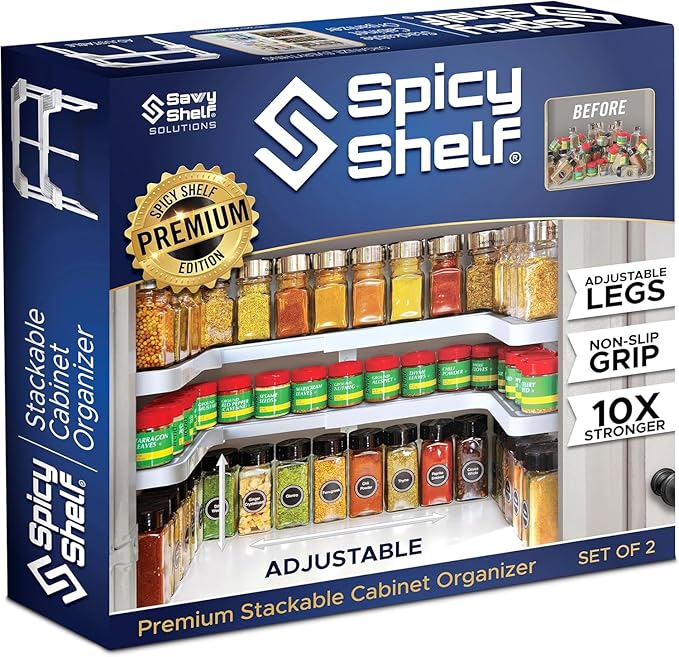 Spicy Shelf Premium – Expandable 2-Tier Spice Rack Organizer for Cabinets & Pantry – Adjustable Stackable Kitchen Seasoning Organizer – Strong Non-Slip Cabinet Organizer for Spices, Bottles & More