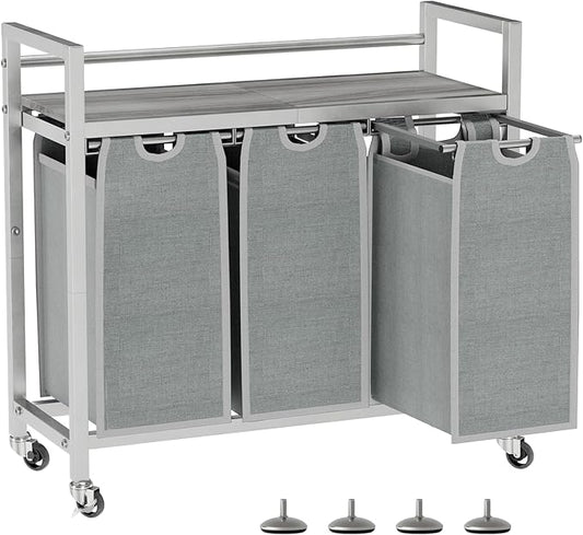 Laundry Hamper, Laundry Basket, Laundry Sorter with 3 Removable Bags, Clothes Basket with 3 Compartments, Wheels, Shelf for Laundry Room Bathroom Bedroom (3 Bags-Gray)-NeatNest