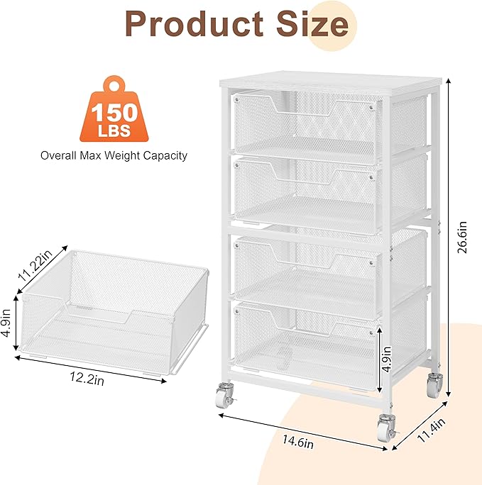4-Drawer Rolling Storage Cart, Utility Cart with Drawers, White Metal Craft Cart Organizer with Wheels & Wooden Top, Art Supply Storage Organizer for Classroom, Office, Kitchen