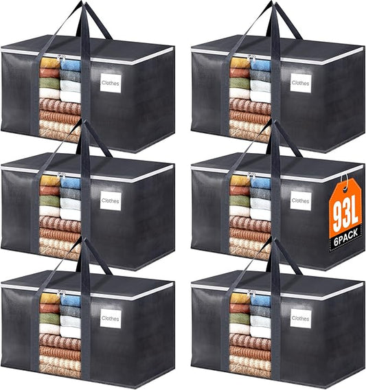 HomeHacks Extra Large Moving Bags with Visible PVC Window, Lightweight but Durable Storage Bags with Reinforced Handles, Storage Totes for Packing, Moving, Storage (93L, 6-Pack)