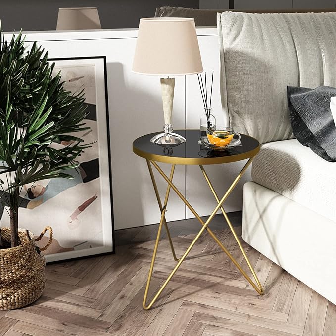 HLR Modern Round Side Table Set of 2, End Table with Marble Effect Top and Gold Metal Frame, Small Side Table for Living Room, Bedroom, Sofa and Couch, Gold Legs, Black Glass top