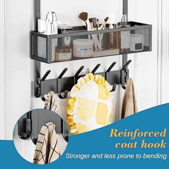 Over The Door Hooks Organizer, Over The Door Towel Rack with 12 Coat Hooks and 2 Mesh Basket, Bathroom Door Organizer Back of Door Hanger Organizer for Bedroom, Kitchen(Black)