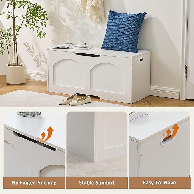 39.4" Storage Chest, Wooden Storage Bench Trunk, Upgraded Safety Lift Support Hinge, Large Entryway Bench Box, Supports 330 lb U-Shaped Opening for Entryway, Hallway, Living Room, White