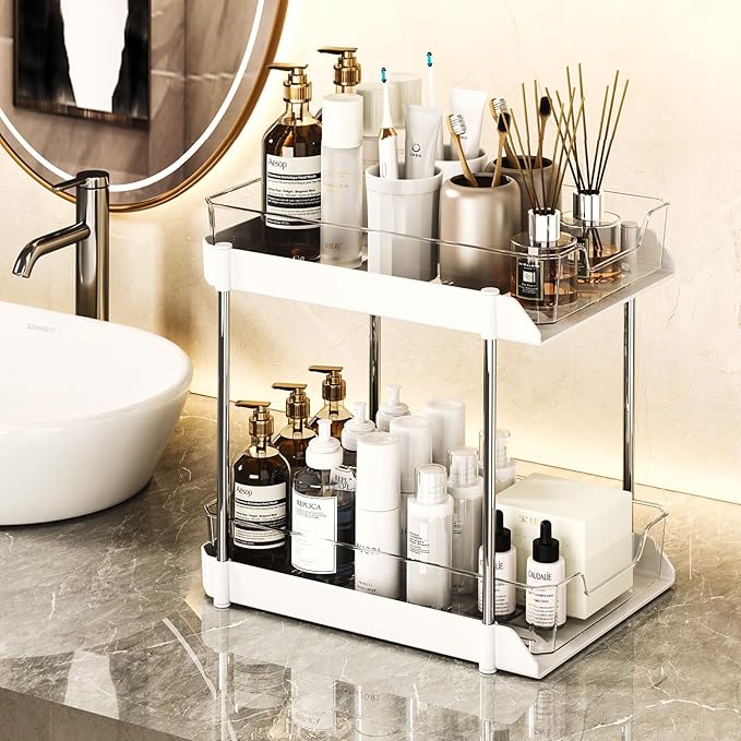 JLKDQ 2 Pack Bathroom Under Sink Organizers and Storage, 2-Tier Pull Out Medicine Cabinet Organizing- Kitchen, Pantry, Medicine Storage Bins, Vanity Makeup.(White&Clear,10.63" L x 8.0" W x 8.46" H).-NeatNest