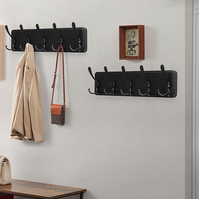 Dseap Coat Rack Wall Mounted - 5 Tri Hooks, Heavy Duty, Wooden Wall Coat Hanger Coat Hook for Clothes Hat Jacket Clothing, Black