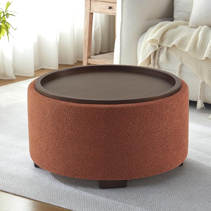 30 Inch Round Storage Ottoman Coffee Table, Modern Boucle Ottoman with Lift-Off Lid and Solid Wood Legs for Living Room, Bedroom, Corners, Apartments (Orange)