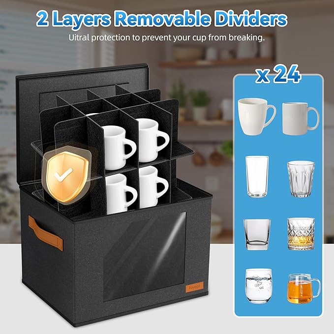 2-Layer Coffee Mug Storage Box with Dividers, Coffee Cup Storage Organizer with Zipper Lid and Handles, Stackable Mug and Cup organizer Service for 24 Coffee Mugs, Cups and Glasses, Dark Grey-NeatNest