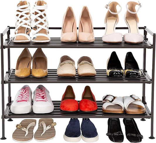Seville Classics Sturdy Freestanding Storage Shelf for Bedroom, Closet, Entryway, Dorm Room Organizer Stackable Durable Metal Shoe Rack Espresso Slat, 3-Tier (NEW MODEL)-NeatNest