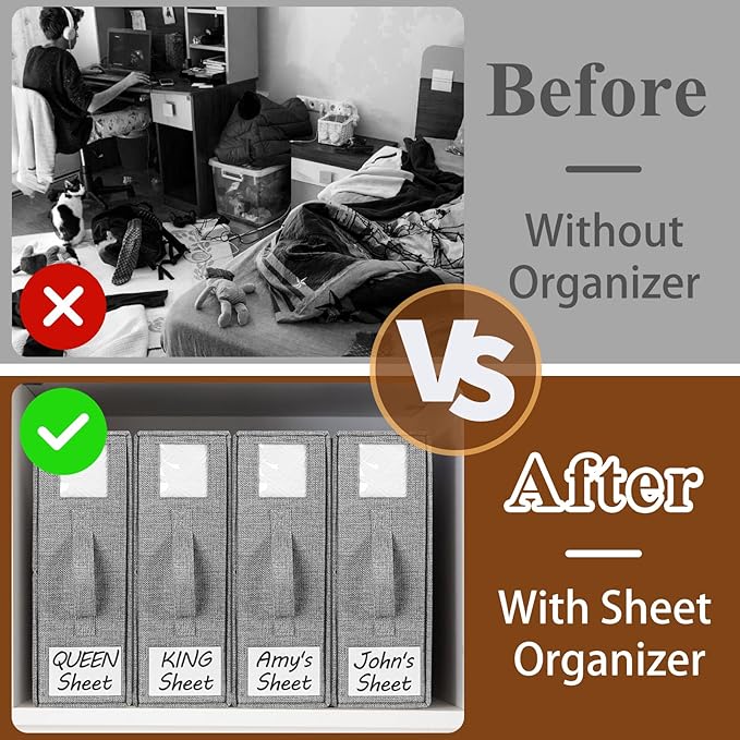 Foldable Sheet Set Organizer, Bed Sheet Storage Organizer with Visual Window, (Queen & King Size) Sheet Storage Box (6 Pack, Grey)-NeatNest