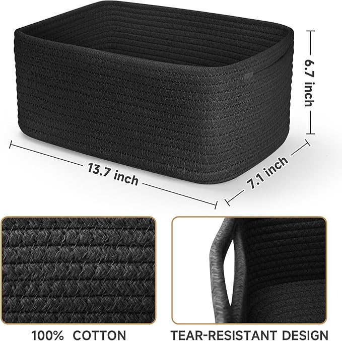 3-Pack Storage Baskets for Organizing | Woven Shelf Toy Basket | Rope Baskets for Gifts Empty | Closet Organizer Bins with Handles | Cube Decorative Box | 13.7×7.1×6.7” | Mixed Black-NeatNest