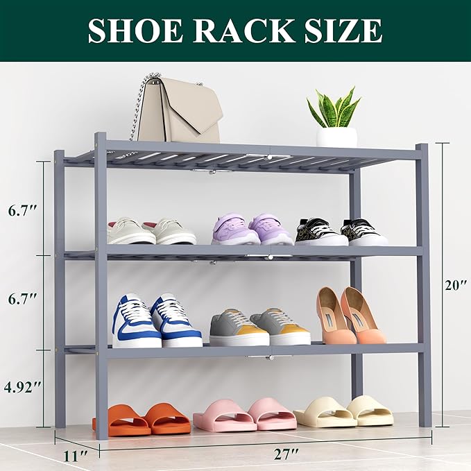 Smiry Shoe Rack, 3 Tier Thick Bamboo Shoe Organizer, Stackable Free Standing Wooden Shoe Storage Shelf for Closet, Entryway, Front Door Entrance, Grey-NeatNest