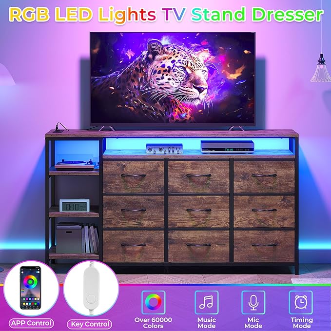 60 inch TV Stand Dresser for Bedroom with LED Lights & Charging Station, 9 Fabric Drawers, Entertainment Center with Drawers & Open Shelves for Living Room, Bedroom, Rustic Brown-NeatNest