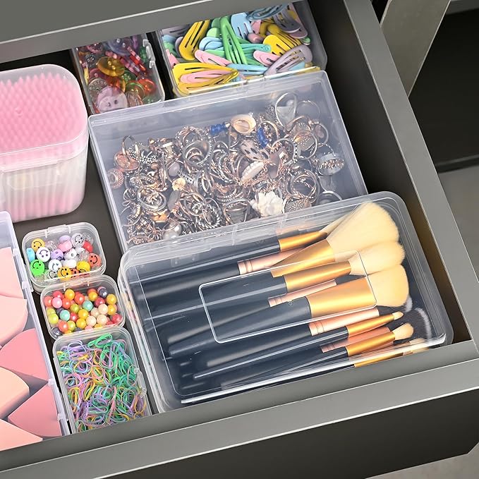 28 Pack Mixed Sizes Rectangular Mini Plastic Containers Clear Plastic Storage Boxes with Hinged Lids and Labels Empty Beads Organizers for Small Items Art Craft Jewelry Projects-NeatNest
