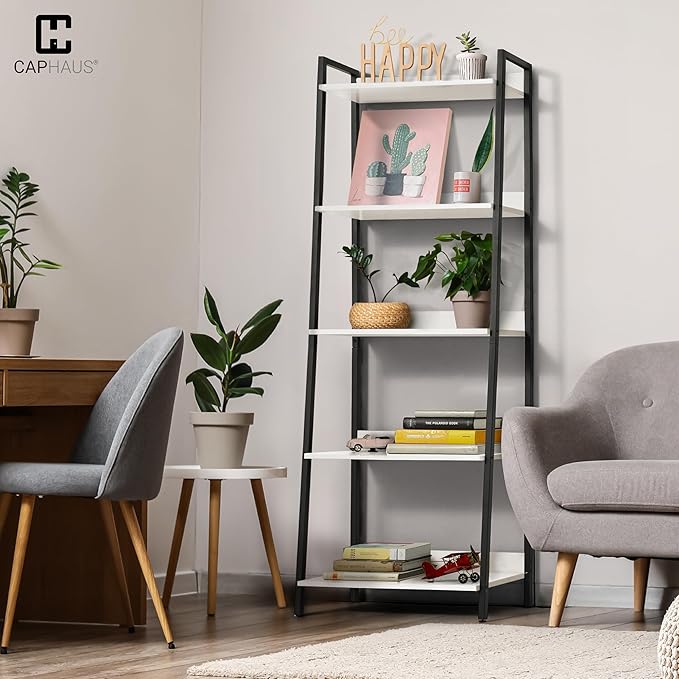 CAPHAUS 5 Tier Ladder Bookshelf, 24 Inch Width Free Standing Shelf, Bookcase Shelf Storage Rack Organizer, Industrial Book Shelves for Home Office, Living Room, Kitchen, White, Vintage Shelves-NeatNest