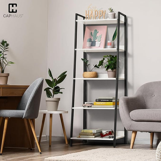 CAPHAUS 5 Tier Ladder Bookshelf, 24 Inch Width Free Standing Shelf, Bookcase Shelf Storage Rack Organizer, Industrial Book Shelves for Home Office, Living Room, Kitchen, White, Vintage Shelves-NeatNest