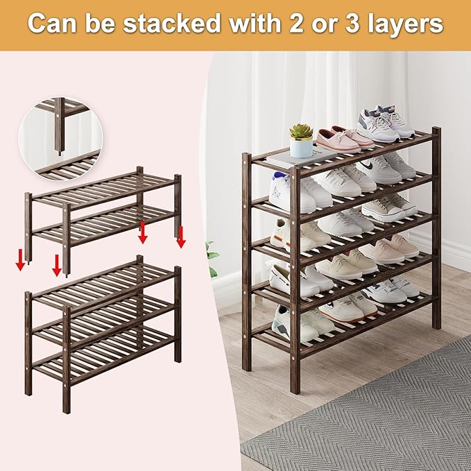 Bamboo Shoe Rack Organizer for Closet and Entryway - Space-Saving Narrow Shoe Stand - Versatile Shoe Holder for Door or Closet Shelf,Garage Bedroom can Freely Stack DIY Small Shoe Racks 2Tier Brown-NeatNest