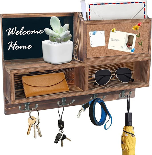 comfoyar Key Holder for Wall, Mail Organizer Wall Mount with Cork Board Bulletin Board, Key Rack with 4 Double Key Hooks and Shelf Storage, Dog Leash Holder for Entryway Rustic Home Decor, Brown