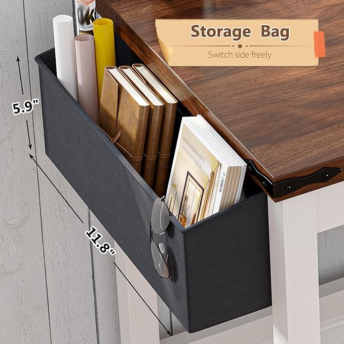 EnHomee 32 Inch Small Desk with Detachable Storage Bag, Modern Simple Computer Desk with Power Outlet, Study Writing Table for Small Spaces, Study Desks for Bedroom, Brown & White-NeatNest
