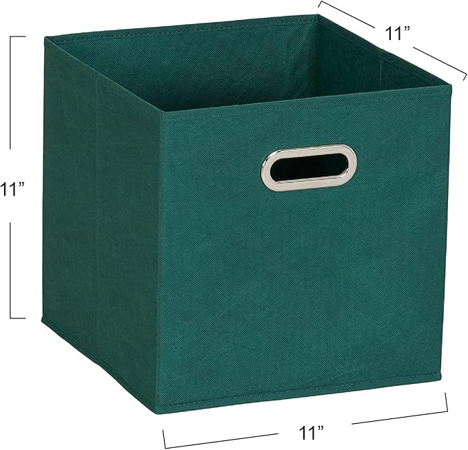 Household Essentials Fabric Storage Cube Bins, 6 Piece Set, Strong Poly-Woven Fabric, Chipboard Sides, Grommet Front Handle, Stackable and Foldable, Classic Design, Green